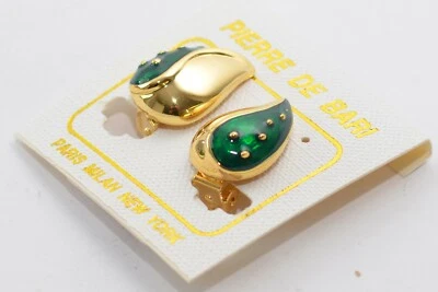 Pierre de Bari: 80er Jahre Vintage Ohrclips, vergoldet, Emaille Grün, tropfenfrm - Bild 1 von 4