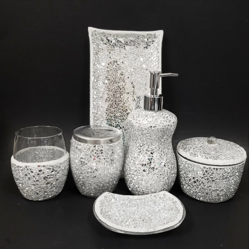 6 PC Argento Vetro Mosaico Riflettente Dispenser, Vassoio+Barattolo+Piatto+ - Immagine 1 di 4