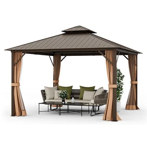 12' x 12' Double-Roof Hardtop Gazebo with Galvanized Steel Roof Netting Curtains - Picture 1 of 12