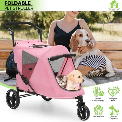 Folding Pink Dog Stroller Pet Travel Carrier Cart w/Skylight+Foot Activated Lock - Image 1 of 4