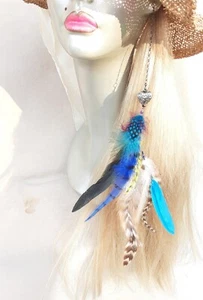 Earrings Long Pendant Feather Hair Extension Chain Jewelry Blue Boho Chic - Picture 1 of 9