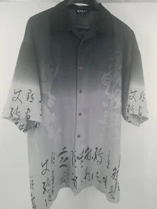 Koman Sport Shirt XL Mens Gray Black Asian Geometric  Short Sleeve Hawaiian - Picture 1 of 4