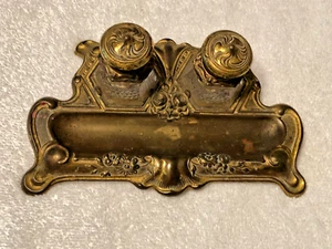 Antique Art Nouveau Brass And Crystal Double Inkwell - Picture 1 of 5