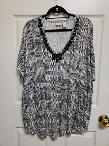 Chico's Size 3 Beaded V-Neck Black and White Elastic Waist Blouse Tunic - Picture 1 of 8