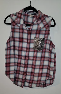 Ariat Womens Size XL Billie Jean Plaid Button Front Shirt Red Blue White Sequin - Picture 1 of 7