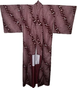 Japanese Burgundy & Pastel Maple Leaf Kimono, Polyester, Vintage Handmade - Picture 1 of 4