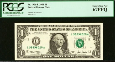 2001 $1 Federal Reserve Note PCGS 67PPQ Gem-New San Francisco Fr 1926-L - Image 1 of 3