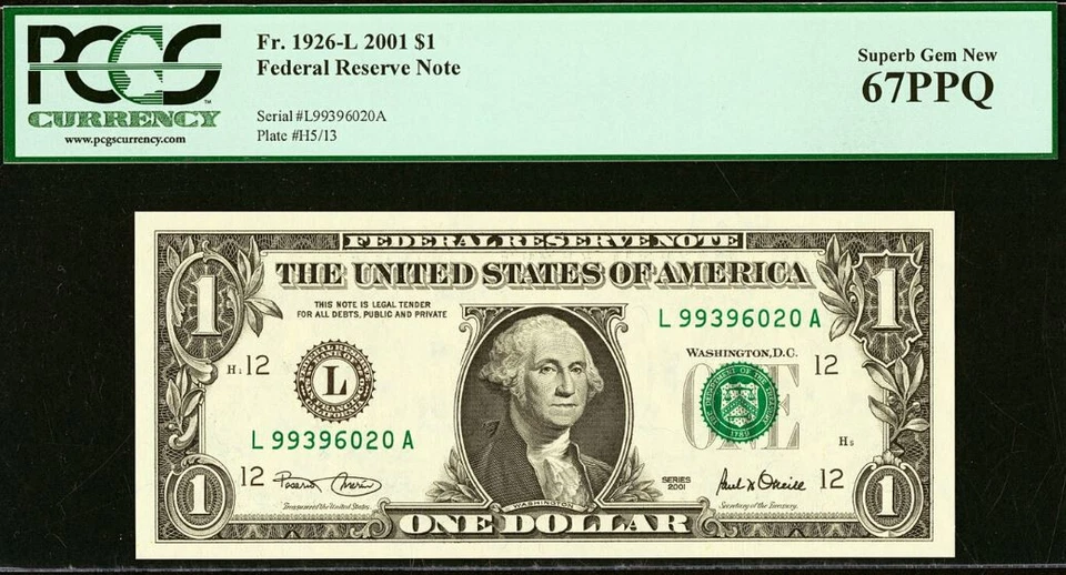 2001 $1 Federal Reserve Note PCGS 67PPQ Gem-New San Francisco Fr 1926-L - Image 1 of 3