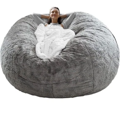 Rainbean Bean Bag Chair (Cover Only) Round Soft Fluffy Velvet Bed 5ft Light Grey - Image 1 of 4
