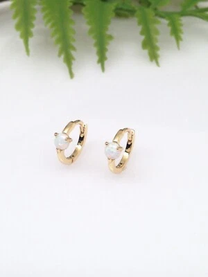 925 Sterling Silver White Opal Huggie Hoop Earrings VERY SMALL 10mm/7.8mm x1mm - Image 1 of 4