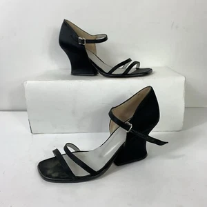 Charles Jourdan Black Satin Ankle Heels Sandals Wms Sz 7M Shoes Strappy - Picture 1 of 8