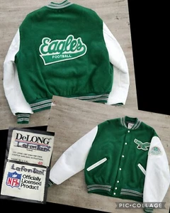 Veste universitaire vintage années 90 Philadelphia Eagles laine cuir Delong L made in USA - Photo 1/17