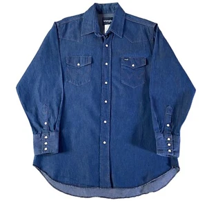 Vintage Wrangler Denim Pearl Snap Shirt Mens 17 / 34 Blue Dark Long Tail Western - Picture 1 of 8