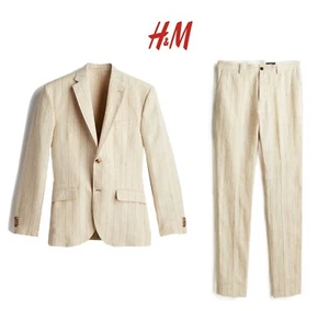 TRAJE DE LINO A RAYAS BEIGE H&M / NUEVO / TALLA: BLAZER 40 / PANTALÓN 36 - Imagen 1 de 17