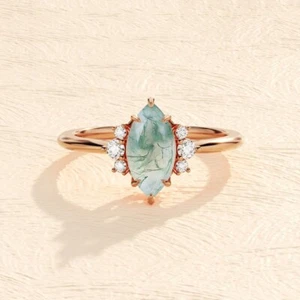 Marquise Moss Agate Engagement Ring – Gold Diamond Accent Vintage Statement Ring - Picture 1 of 5
