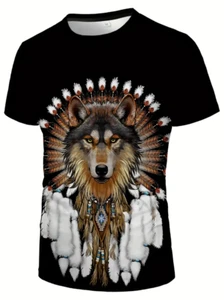 (1) Native American Wolf Pattern Print T-Shirt, Short Sleeve Large Crew Neck. - Picture 1 of 24