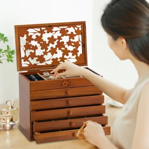 Vintage Wooden Carved Jewellery Box 6 Layer Storage Cabinet 5 Drawers Organiser - Picture 1 of 10