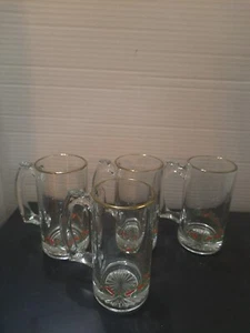 VTG Libbey Holly Berry 4 Beer Mugs Steins Tall Heavy Gold Trim Christmas Holiday - Picture 1 of 3