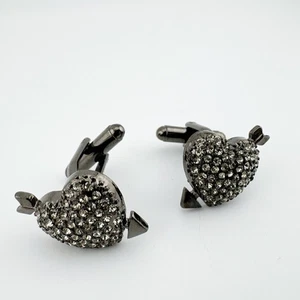 Unbranded Pavé Heart Arrow Cufflinks Mens OneSize Gunmetal Crystal Sparkle - Picture 1 of 10