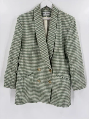 J.G. Blazer Hook Vintage Feminino 14 Verde Bege Houndstooth Lã com Peito Duplo - Imagem 1 de 4