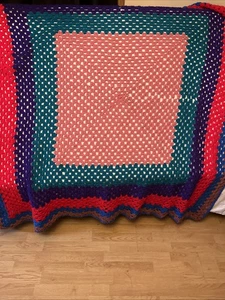 Large VTG Afghan Handmade Multicolored Lap Throw Blanket Border Edge 60x60” - Picture 1 of 2