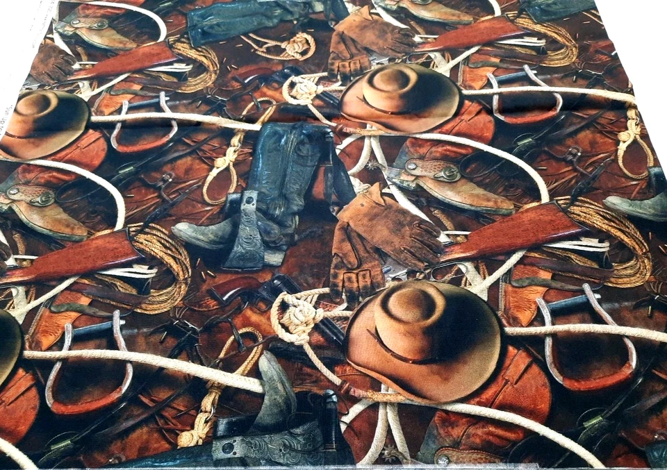 22"x44" Sun Up to Sun Down #4834 Cowboy Boots Hat Rope Gun Hoffman Fabric Cotton - Image 1 of 4