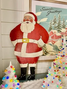 Vintage 50er Jahre doppelseitiges Holz Weihnachtsmann Schild, 28" - Bild 1 von 13