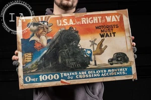 WWII-Era Railroad Safety "U.S.A. Has Right of Way" Poster - Picture 1 of 4