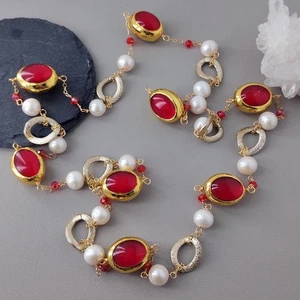 Unique White Pearl Red Quartz Chain Long Station Necklace Jewelry Gift - Picture 1 of 6