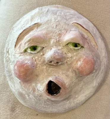 Whimsical Folk Art Moon Face - 4.5 “W - 2”H.  Handmade Clay Sculpture Halloween? - Image 1 of 4