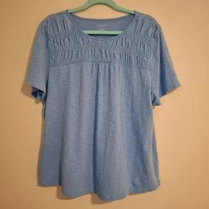 Talbots XL Blue Smocked Front Short Sleeve Top Cotton Modal Rounded Hem - Picture 1 of 9