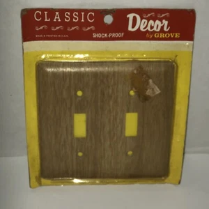 Vintage 60s GROVE Wood Grain Metal USA Double Light Switch Cover Wallplate NOS  - Picture 1 of 5