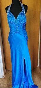 Vintage Mori Lee by Madeline Gardner Blue Halter Neck Prom Dress Beaded Sz 7/8 - Picture 1 of 9