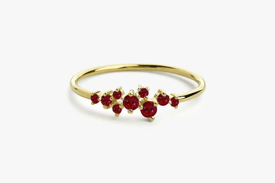 Cluster Goldring 14K 585 Gold 9 Natürliche Rot Rubin 0,38ct mit hoher Reinheit - Bild 1 von 3