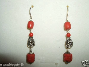 ORECCHINI PENDENTI EAR RINGS CORALLO ROSSO ARGENTO 925 SILVER ETNICO STERLING - Foto 1 di 1