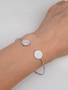 925 Sterling Silver Cz Disc Open Cuff Bangle Bracelet Womens 6.5" 1.5mm - 10mm - Picture 1 of 7