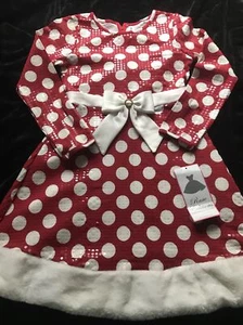 Rare Editions Christmas Dress Polka Dots Sequins Fur Bow Rhinestones Girls - Picture 1 of 9