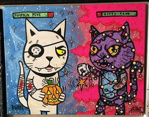 JUSTIN AERNI large art Painting 2021 BLINKY Collab : PUMPKIN PETE VS KITTY KANE - Picture 1 of 3