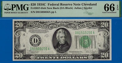 1934C $20 Federal Reserve Note PMG 66EPQ 2nd highest graded New Back Fr 2057-Dnb - Image 1 of 3