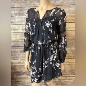 White House Black Market Floral Boho Dress w Lace Trim size 0 Long Sleeve Sheer - Picture 1 of 10