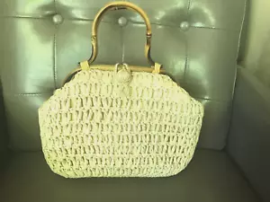 Vintage 50's beige straw woven bag with bamboo handles made in Japan - Picture 1 of 10