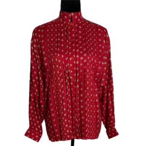 Chaus Bluse 6 dunkelrot beige schwarz Rautenmuster Dolman Sl Top Knopf künstlerisch - Bild 1 von 6