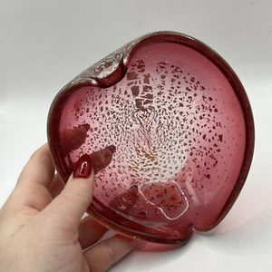 Vintage Murano Art Glass Red Heart Ashtray Candy Dish Silver Gold Fleck 5.5" - Picture 1 of 10