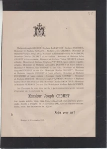 Faire-part décès Joseph CHOMET (Reugny, 1812-1882) - Allier. - Picture 1 of 1