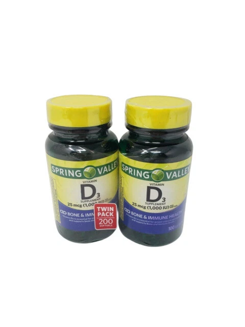Spring Valley Vitamin D3 Dietary Supplement Softgels 1000 IU 100 Count 2 PK