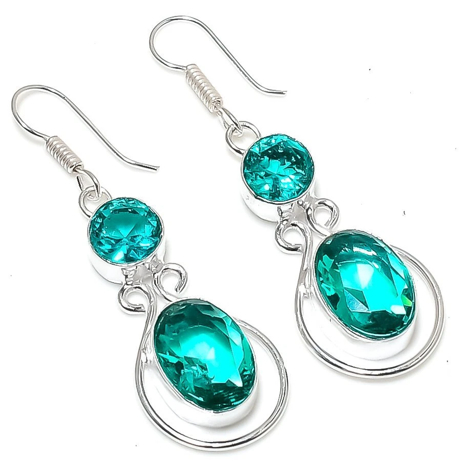 Indicolite Tourmaline Gemstone 925 Sterling Silver Jewelry Earring 2.05" - Imagem 1 de 1