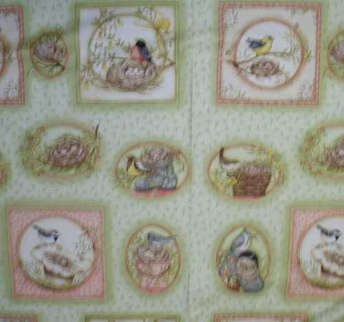 Feather Your Nest light olive birds blocks panel Clothworks fabric - Image 1 of 1