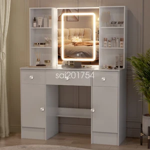 Schminktisch Frisiertisch mit Hocker Spiegel und LED-Beleuchtung Schublade Weiß - Bild 1 von 13
