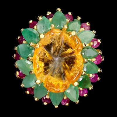 Anel de prata esterlina 925 flor citrino 14x11mm esmeralda rubi pedra preciosa joia 9 - Imagem 1 de 4