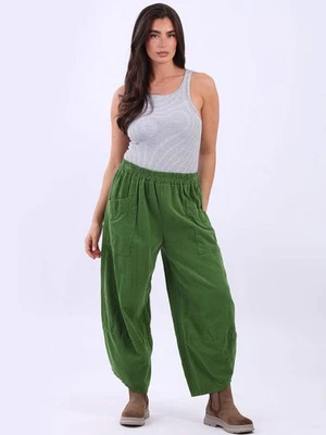 Women Relaxed Fit Solid Pants Italian Corduroy Cotton Tulip Hem Winter Trouser - Image 1 of 4